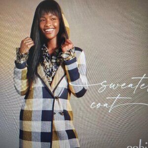 Cabi Sweater Coat # 4229 Large Yellow Blue Ivory Big Check Buffalo Plaid Hooded